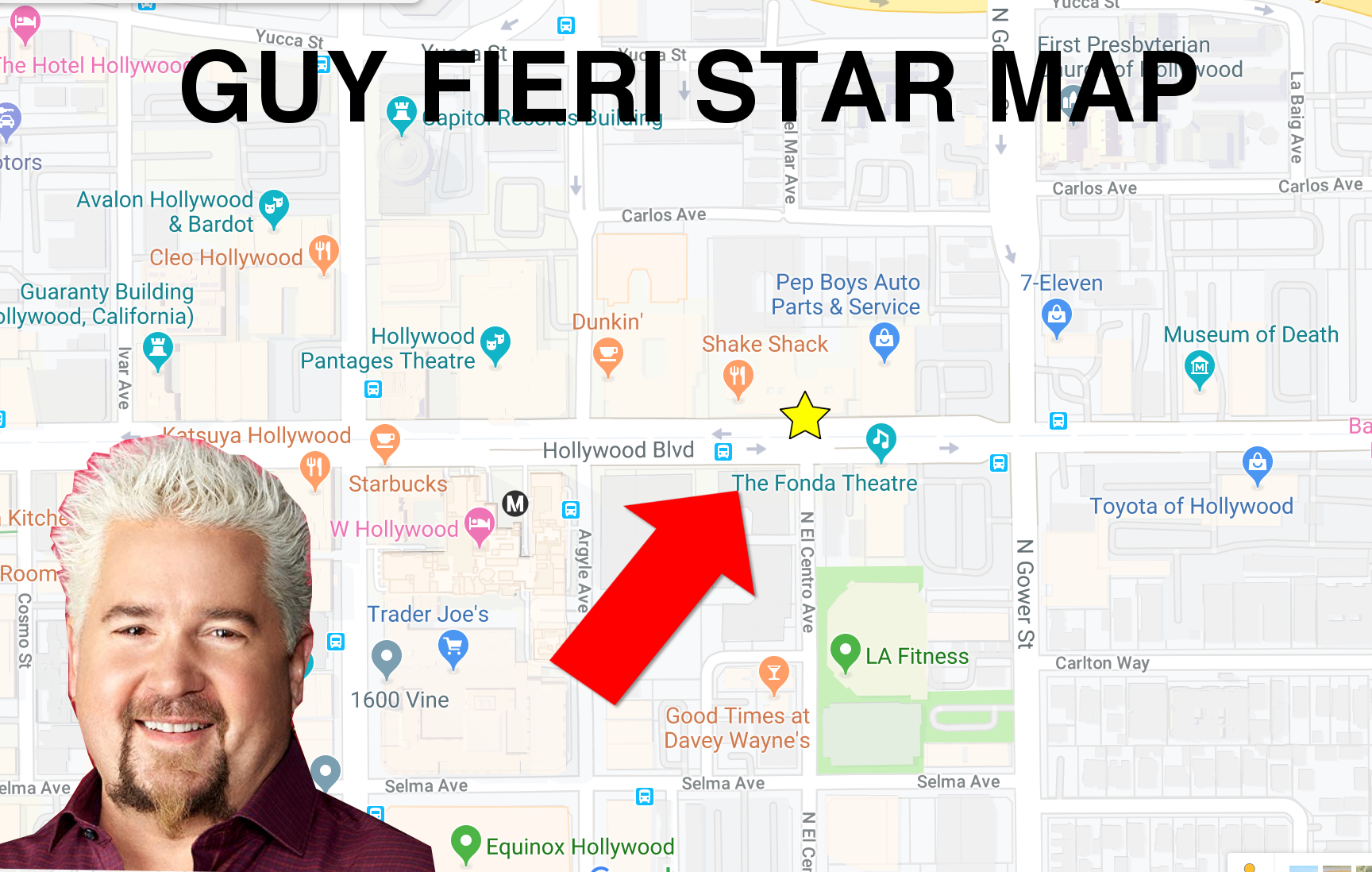 Map showing location of Guy Fieri's star on Hollywood Boulevard